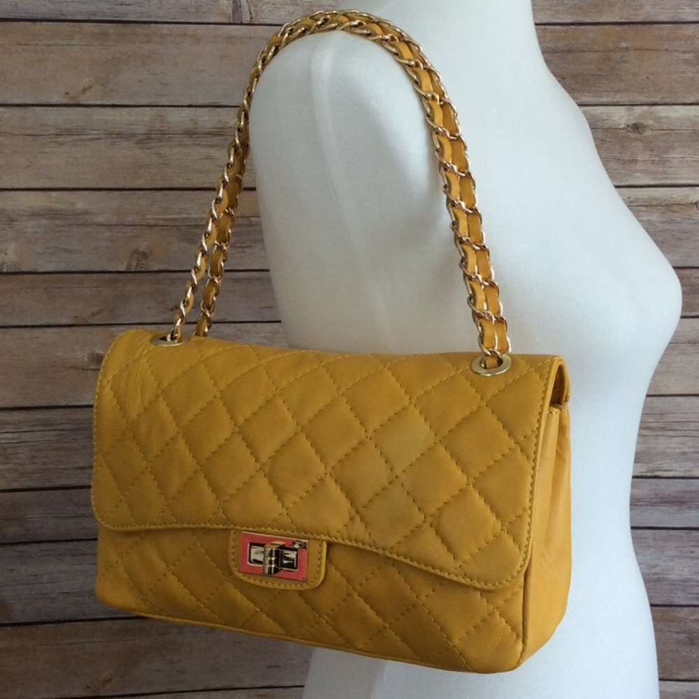 Quilted Mustard Chain-Shoulder Handbag